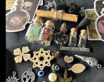 Decorative spellcraft curio & intention setting box for beginners witch kit assortment supply confetti scoops and witchy pentacle charms