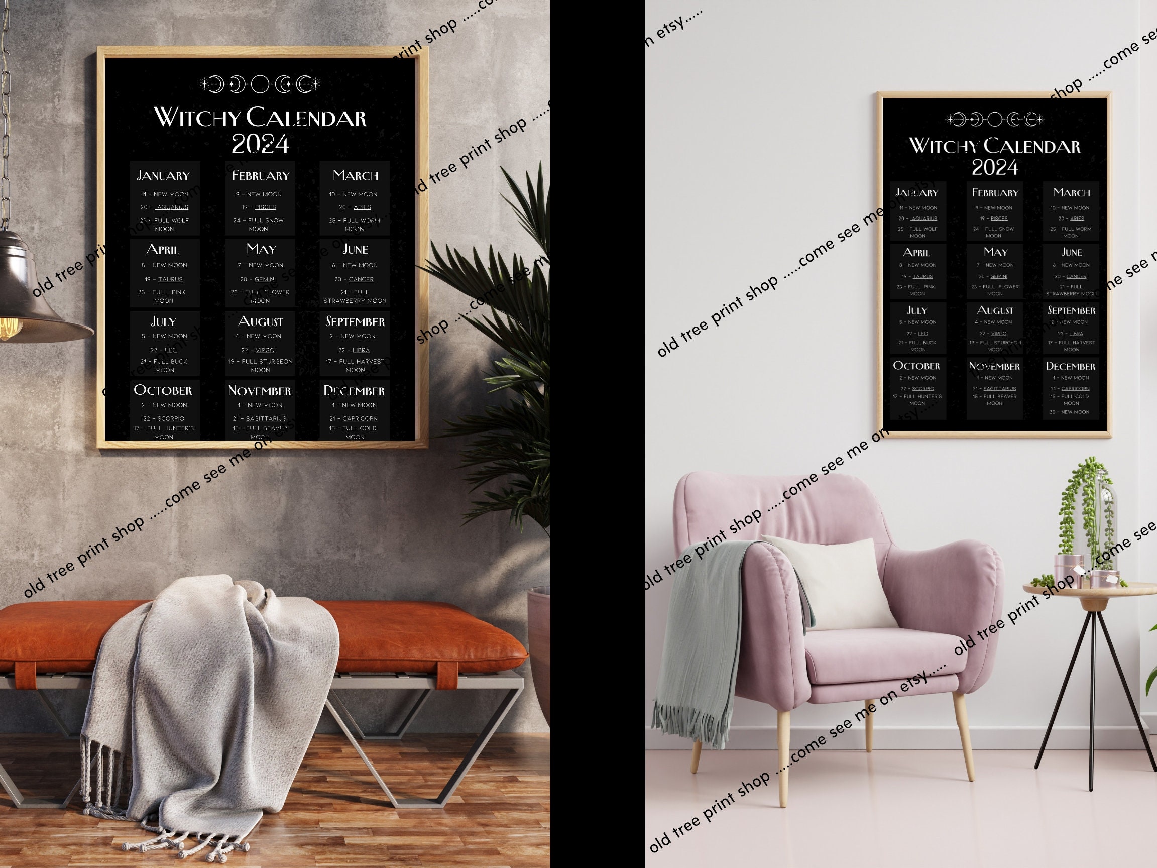 Printable Witchy Calendars 2024 Lunar Calendar Full Moon Phase Calendar