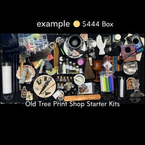May include: A collection of spiritual items, including candles, crystals, bottles, a mortar and pestle, and a wooden wand. The text "Old Tree Print Shop Starter Kits" is visible.