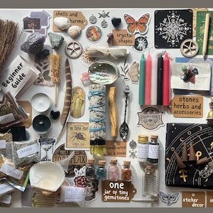 May include: A beginner's guide to witchcraft with a variety of items including herbs, crystals, shells, candles, incense cones, and a small broom.