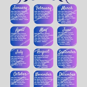 Calendário de Lua Cheia para impressão, download para paredes e decorações de presentes DIY, pôster vertical 8x10, arquivo para impressão, calendário lunar colorido 2025, bruxa