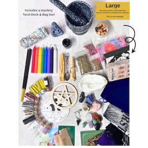 May include: A collection of spiritual items including a speckled mortar and pestle, a sage bundle, a small figurine, colorful candles, incense sticks, glass vials with herbs, a wooden pentacle, crystals, tarot decks, and a blue velvet bag.