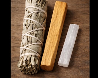 Supplies for Witchcraft Prep Work - sage bundle, palo santo stick, selenite wand