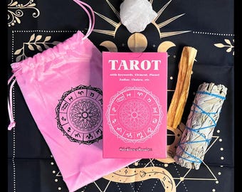 Pink Tarot Deck for Beginners | Complete Tarot Set with Crystal, Velvet Bag, Altar Cloth, Sage & Palo Santo and tarot cards guide book