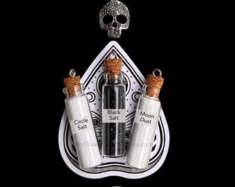 Witch Apothecary Mini Bottles – Black Salt, Moon Dust, Circle Salt – Tiny Glass Potion Bottles curio display - choose sample size set