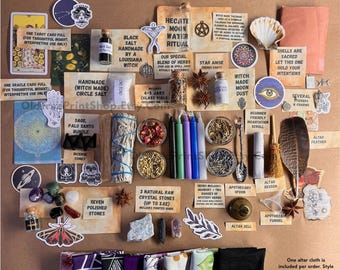 May include: A collection of spiritual and metaphysical items, including tarot cards, crystals, herbs, candles, and altar cloths. The items are arranged on a brown surface, with text labels and decorative elements. The overall theme is centered around witchcraft and spiritual practices.