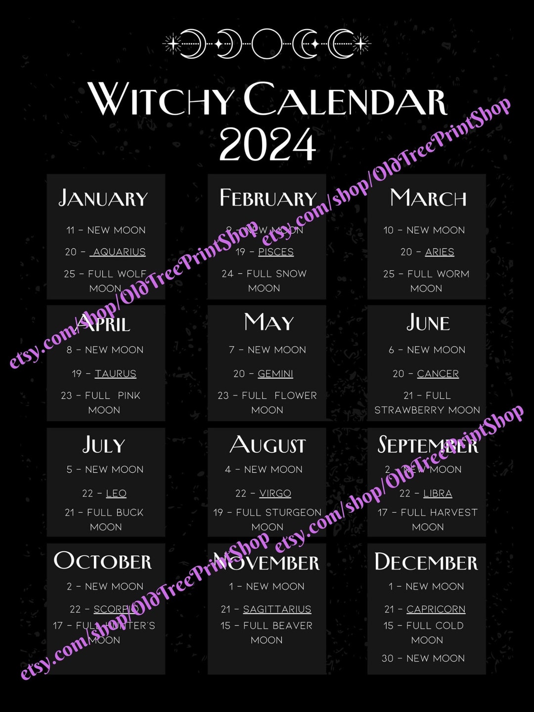 Printable Witchy Calendars 2024 Lunar Calendar Full Moon Etsy