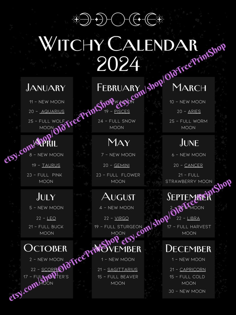 Printable Witchy Calendars 2024 Lunar Calendar Full Moon Phase Calendar