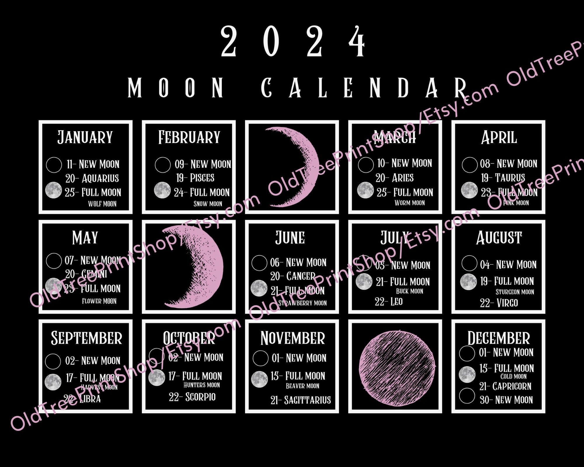 Printable Witchy Calendars 2024 Lunar Calendar Full Moon Etsy
