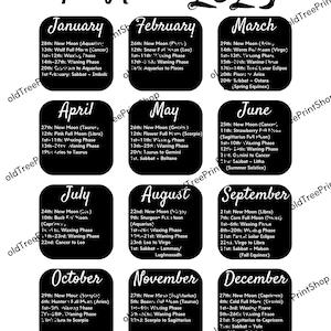 Calendário de fases da lua para 2025, arquivo digital para download e impressão; Ideia de presente DIY de bruxa para decoração de parede e quarto para bruxas, rituais e feitiços