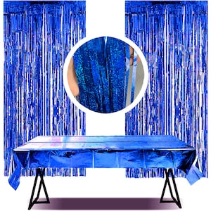 Tinsel backdrop, POPWIND 2 Pack 3.2 ft x 8.2 ft fringe curtains party decorations + 1 Pack tablecloth 54"x108"