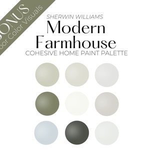 Sherwin Williams Modern Farmhouse paint palette. Cohesive home paint palette. Bonus- Door color visuals.