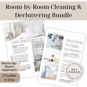 Könnte beinhalten: Ein Bundle aus zwei druckbaren Anleitungen für die Reinigung und das Entrümpeln von Raum zu Raum. Die Anleitungen enthalten Text und Bilder mit Titeln wie "One Space" und "Devotion to Deep Cleaning". Das Bundle umfasst über 30 Seiten.