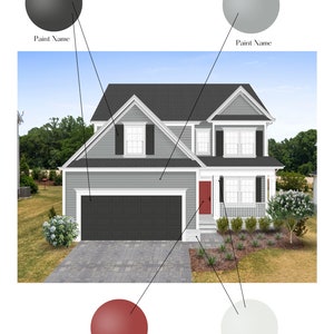Puede incluir: Representaci&oacute;n arquitect&oacute;nica de una casa de dos pisos con exterior gris, contraventanas y puerta de garaje negras y puerta principal roja. La moldura y el ladrillo son blancos. Las etiquetas de texto indican los nombres de la pintura.