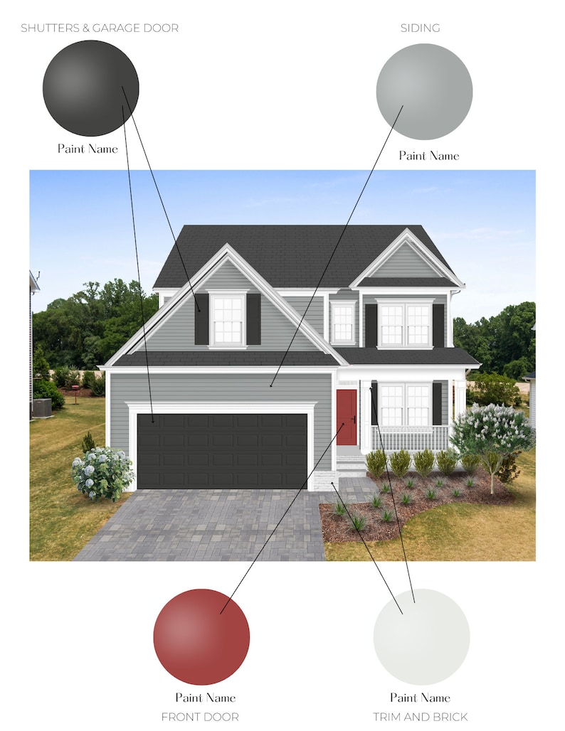 Puede incluir: Representaci&oacute;n arquitect&oacute;nica de una casa de dos pisos con exterior gris, contraventanas y puerta de garaje negras y puerta principal roja. La moldura y el ladrillo son blancos. Las etiquetas de texto indican los nombres de la pintura.