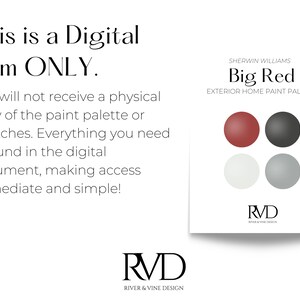 Puede incluir: Paleta de pintura digital con el texto "This is a Digital Item ONLY". La paleta presenta cuatro muestras de color: rojo, negro, blanco y gris. Tambi&eacute;n es visible el texto "Big Red Exterior Home Paint Palette". El logotipo de River & Vine Design est&aacute; en la parte inferior.