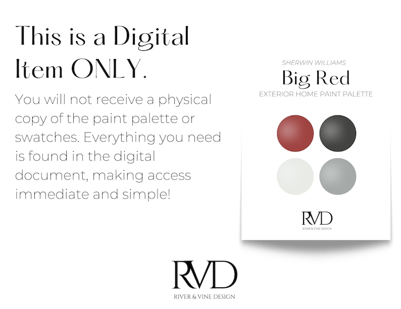 Puede incluir: Paleta de pintura digital con el texto "This is a Digital Item ONLY". La paleta presenta cuatro muestras de color: rojo, negro, blanco y gris. Tambi&eacute;n es visible el texto "Big Red Exterior Home Paint Palette". El logotipo de River & Vine Design est&aacute; en la parte inferior.