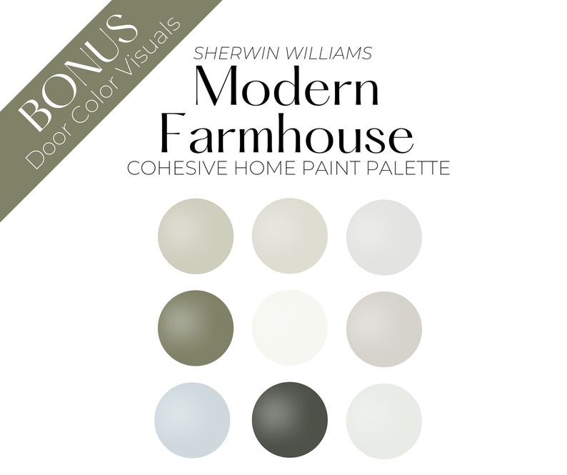 Sherwin Williams Modern Farmhouse paint palette. Cohesive home paint palette. Bonus- Door color visuals.