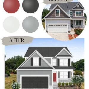 Puede incluir: Imagen comparativa del antes y el despu&eacute;s de una casa de dos pisos. La imagen del "antes" muestra una casa azul claro con un tejado marr&oacute;n. La imagen del "despu&eacute;s" muestra la misma casa con un exterior gris, contraventanas negras y una puerta principal roja. Se incluyen muestras de color.