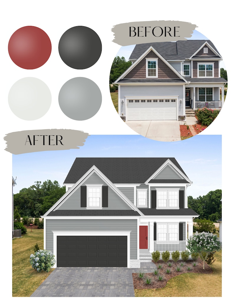 Puede incluir: Imagen comparativa del antes y el despu&eacute;s de una casa de dos pisos. La imagen del "antes" muestra una casa azul claro con un tejado marr&oacute;n. La imagen del "despu&eacute;s" muestra la misma casa con un exterior gris, contraventanas negras y una puerta principal roja. Se incluyen muestras de color.