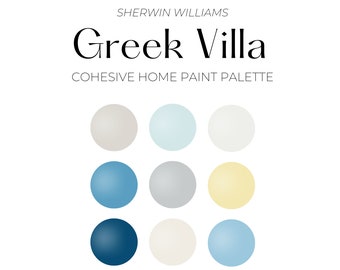 Sherwin Williams Greek Villa Coastal Paint Palette, Coastal Paint Palette, Paint Cohesive Whole House Color Palette, Best Coastal Paint