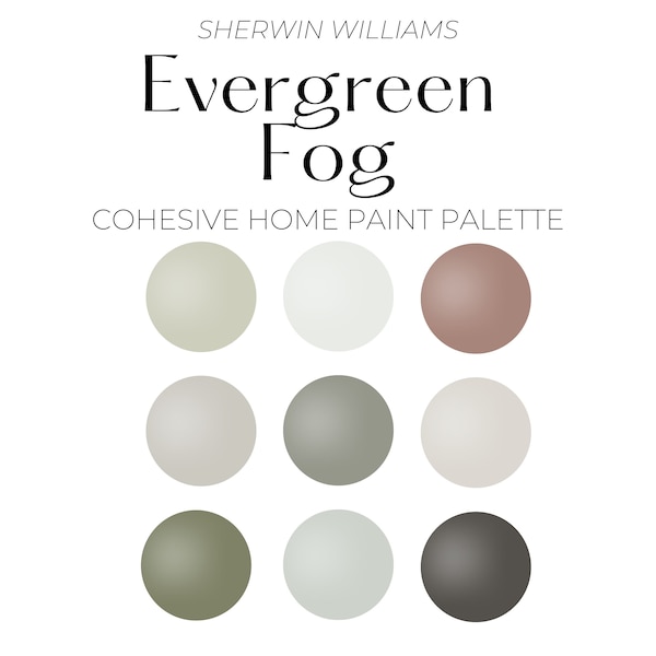 Sherwin Williams Evergreen Fog, Farbpalette, moderne traditionelle Farbpalette; Kohäsive ganze Haus Palette, kühle neutrale Farben