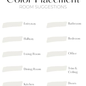 This listing offers color placement suggestions for each room in your home. Including entryway, living room, dining room, kitchen, hallway, bedroom, bathroom, office, trim & ceiling, and doors. Sherwin Williams Paint Color Placement suggestions