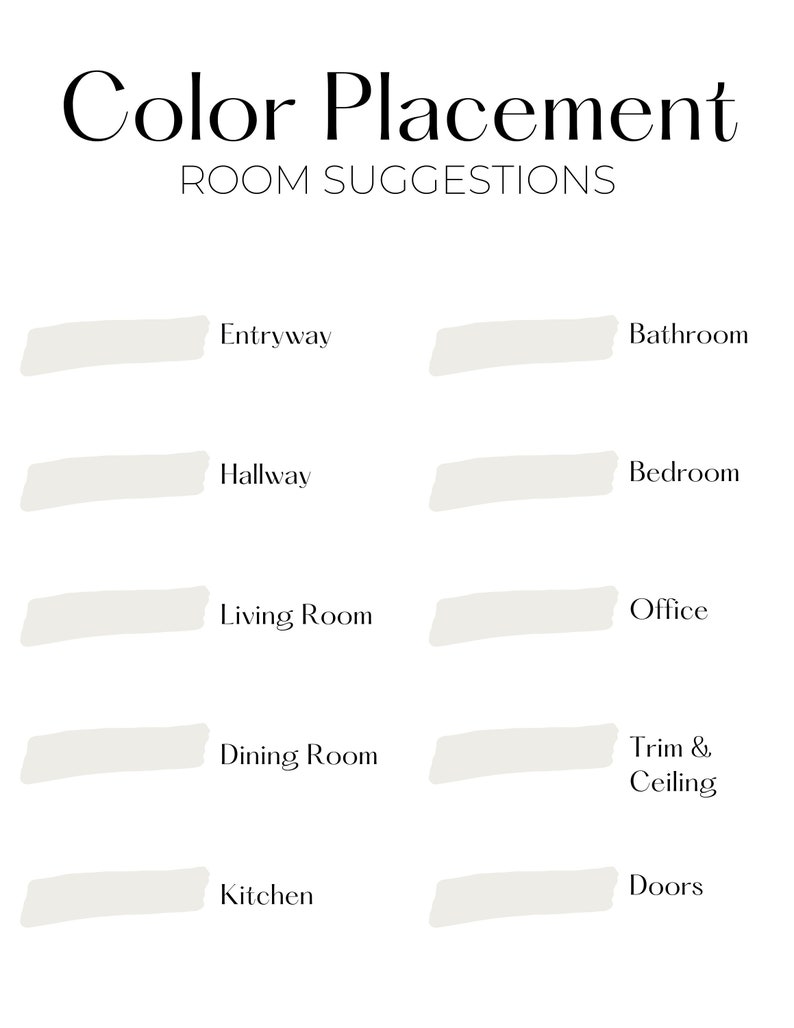 This listing offers color placement suggestions for each room in your home. Including entryway, living room, dining room, kitchen, hallway, bedroom, bathroom, office, trim & ceiling, and doors. Sherwin Williams Paint Color Placement suggestions