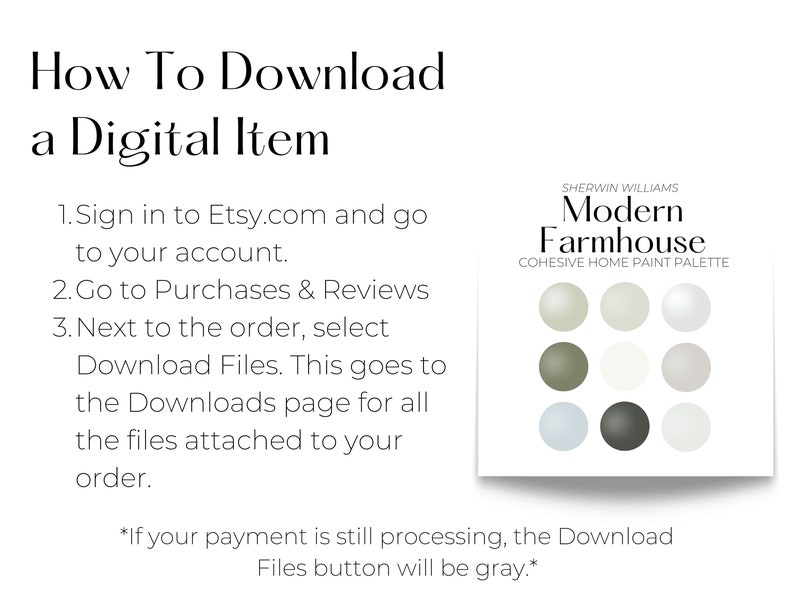 How To Download a Digital Item: Sign in to Etsy.com and go to your account.
Go to Purchases & Reviews
Next to the order, select Download Files. This goes to the Downloads page for all the files attached to your order.