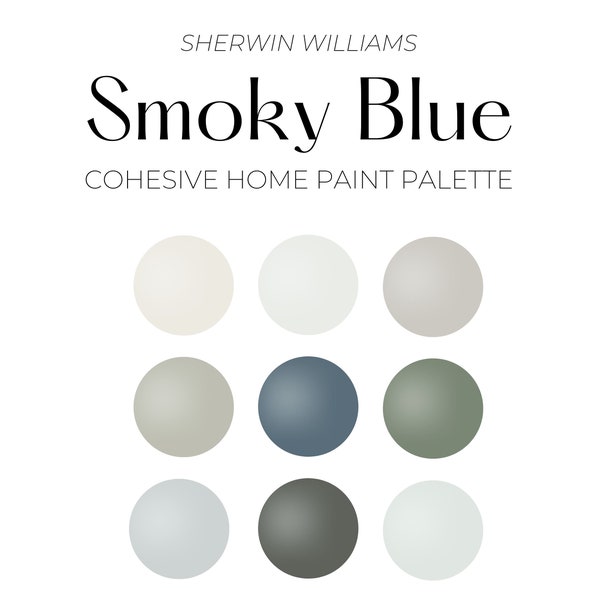 Palette de peinture bleu fumé Sherwin Williams, palette de peinture cohésive pour toute la maison, couleurs de peinture complémentaires bleu fumé, peinture Accent