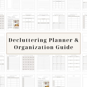 Könnte beinhalten: Ein schwarz-weißer druckbarer Entrümpelungs-Planer und Organisationsleitfaden mit dem Titel "Decluttering Planner & Organisation Guide". Der Leitfaden enthält Arbeitsblätter für tägliche Entrümpelungs-Herausforderungen, Zonenreinigung und das Aufbrechen des Entrümpelns.