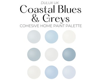 Dulux UK Coastal Blues & Greys Paint Palette, Coastal Paint Palette, Paint Cohesive Whole House Color Palette, Best Coastal Paint