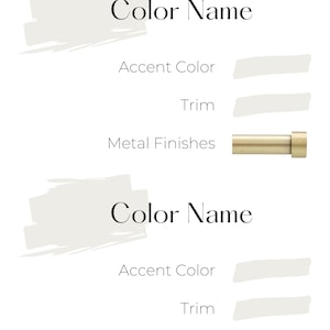 Each listing includes an accent color suggestion for each color in the palette. It also includes coordinating trim colors and a complimentary metallic finish such as brass, black, and chrome/silver