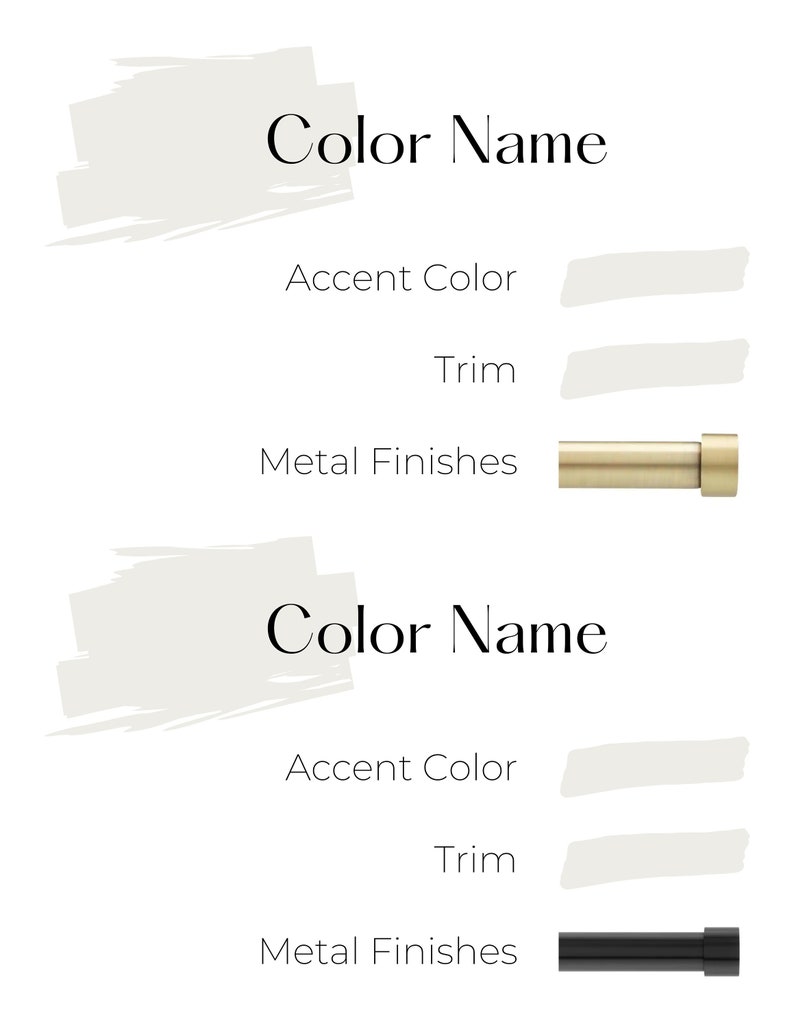 Each listing includes an accent color suggestion for each color in the palette. It also includes coordinating trim colors and a complimentary metallic finish such as brass, black, and chrome/silver