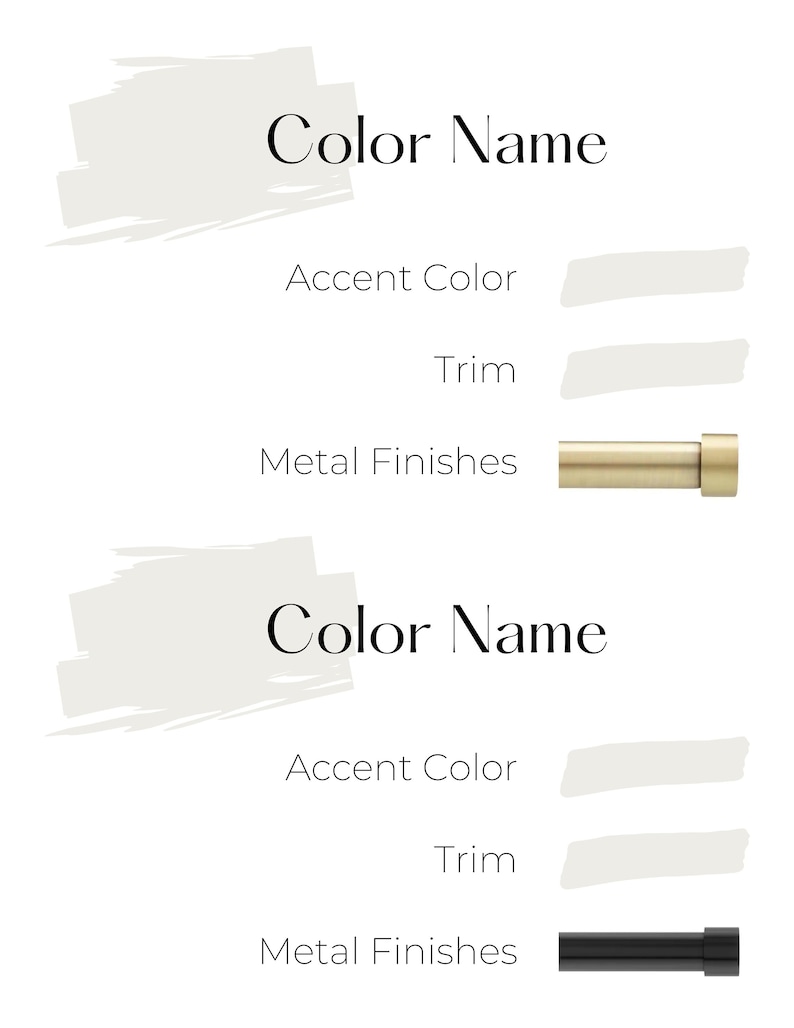 Each listing includes an accent color suggestion for each color in the palette. It also includes coordinating trim colors and a complimentary metallic finish such as brass, black, and chrome/silver