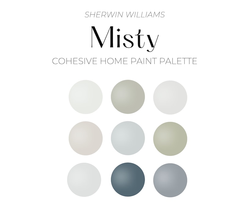 Sherwin Williams Misty Cohesive Home Paint Palette. Sherwin Williams Misty complimentary colors.