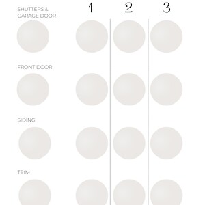 Puede incluir: Un gr&aacute;fico blanco con el texto "Paint Color Alternatives". El gr&aacute;fico muestra tres columnas de c&iacute;rculos blancos, cada uno representando una opci&oacute;n de color de pintura para persianas, puertas de garaje, puertas delanteras, revestimientos y molduras.