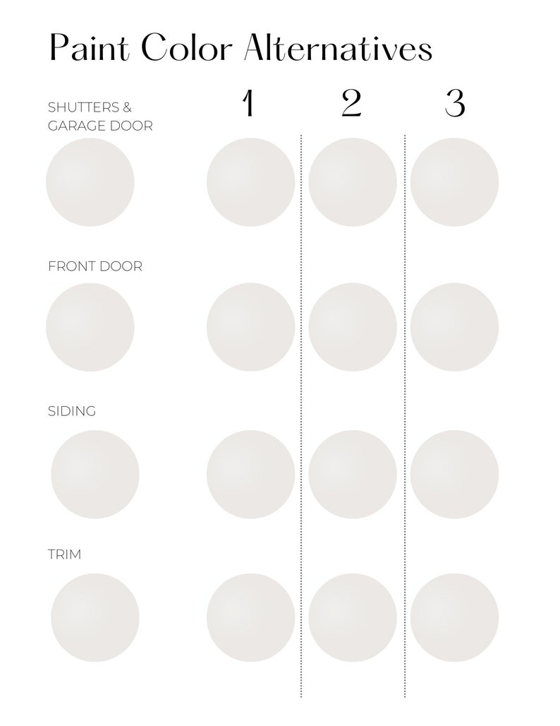 Puede incluir: Un gr&aacute;fico blanco con el texto "Paint Color Alternatives". El gr&aacute;fico muestra tres columnas de c&iacute;rculos blancos, cada uno representando una opci&oacute;n de color de pintura para persianas, puertas de garaje, puertas delanteras, revestimientos y molduras.