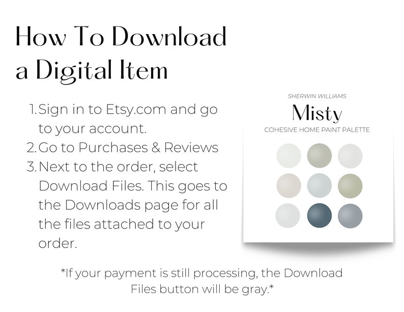 How To Download a Digital Item: Sign in to Etsy.com and go to your account.
Go to Purchases & Reviews
Next to the order, select Download Files. This goes to the Downloads page for all the files attached to your order.