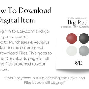 Puede incluir: Fondo blanco con texto: "C&oacute;mo descargar un art&iacute;culo digital". Se enumeran las instrucciones para descargar un art&iacute;culo digital de Etsy. Se muestra una paleta de pintura para exteriores "Big Red" de Sherwin Williams con cuatro muestras de color.