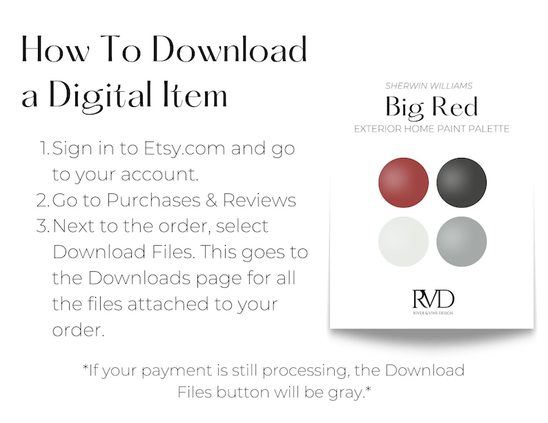 Puede incluir: Fondo blanco con texto: "C&oacute;mo descargar un art&iacute;culo digital". Se enumeran las instrucciones para descargar un art&iacute;culo digital de Etsy. Se muestra una paleta de pintura para exteriores "Big Red" de Sherwin Williams con cuatro muestras de color.