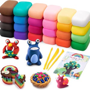 May include: A set of modeling clay blocks in various colors, including brown, teal, peach, pink, yellow, white, blue, purple, red, and green. Included are three yellow plastic sculpting tools, a user manual, and clay figures of monsters, a snail, a rainbow cake, and a berry pie.