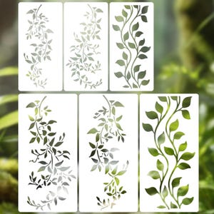 Puede incluir: Un conjunto de seis plantillas blancas con diseños de hojas y vides en varios tonos de verde. Las plantillas presentan patrones detallados recortados de vides fluidas y hojas individuales. Ideales para manualidades y proyectos decorativos, ofrecen patrones botánicos.