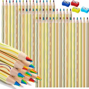 May include: A collection of multi-colored pencils with light yellow barrels featuring wavy vertical lines. Each pencil has a multi-colored lead tip. Four small plastic pencil sharpeners in blue, red, yellow, and light blue are included.