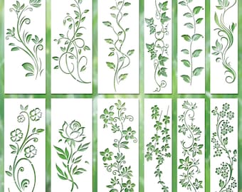 Conjunto de 12 estênceis reutilizáveis com desenhos de folhas, trepadeiras e flores para decoração de parede DIY.