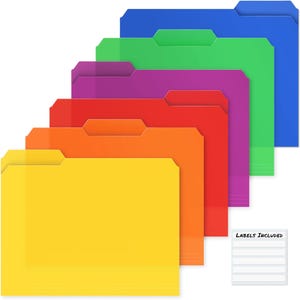 May include: A set of six translucent hanging file folders in yellow, orange, red, purple, green, and blue, arranged in a cascading stack. A small white rectangular sheet with the text LABELS INCLUDED is positioned in the bottom right corner.