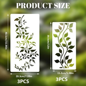 May include: Two white stencils with leaf designs, one measuring 15.94 inches tall and 7.99 inches wide, the other 12 inches tall and 5.98 inches wide. The stencils are labeled "3PCS" and the text "PRODUCT SIZE" is at the top.