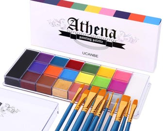 Conjunto de 20 cores de tinta para rosto e corpo com 10 pincéis para maquiagem de Halloween, cosplay, efeitos especiais e palco.