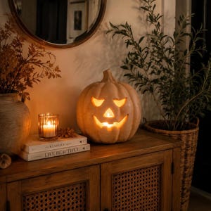 May include: A light-coloured, carved pumpkin jack-o'-lantern with a glowing interior, featuring triangular eyes and a wide, jagged mouth. The pumpkin sits on a wooden cabinet next to a glass candle holder and two stacked books titled The Kinfolk and Live Beautiful.