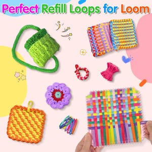 May include: A set of colorful loom refill loops and woven items including a green pouch, two rectangular woven mats, a purple flower, a small circular braided band, a bundle of pink loops, and a square loom board with a multi-colored woven pattern.